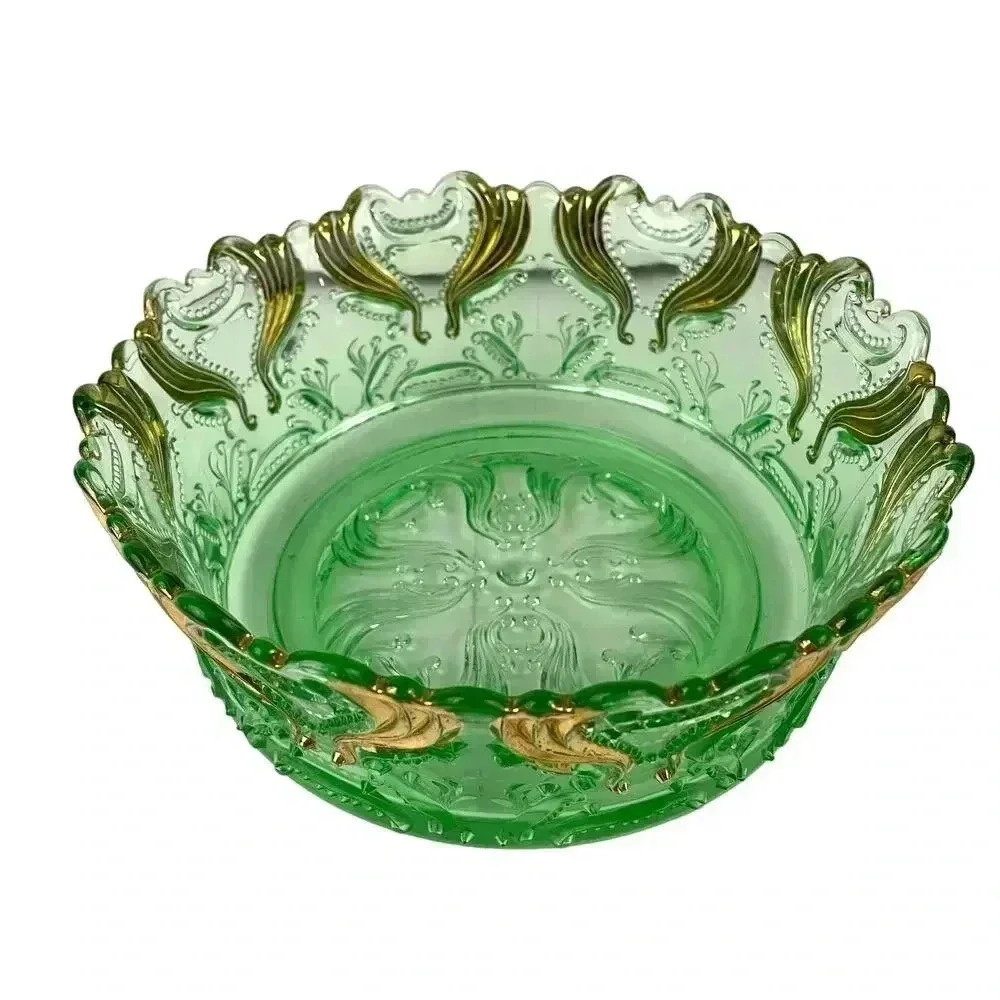 VTG Idyll Pattern Jefferson Pressed‎ Glass Bowl Green Gold Accent